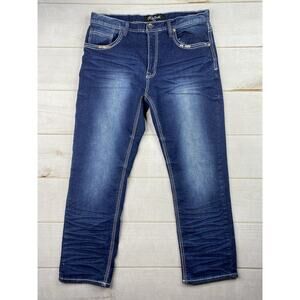 True Luck Jeans Mens 36x30 Blue Denim Dark Wash Straight Leg Distressed Stretch
